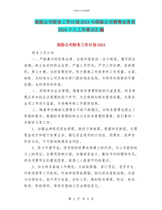 保险公司财务工作计划2024与保险公司销售业务员2024个人工作要点汇编