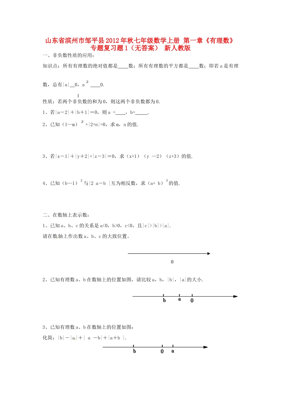 山东省滨州市邹平县秋七年级数学上册 第一章(有理数)专题复习题1 新人教版试卷_第1页
