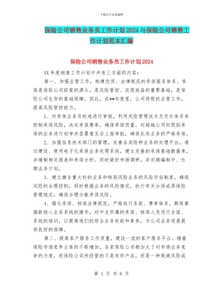 保险公司销售业务员工作计划2024与保险公司销售工作计划范本汇编