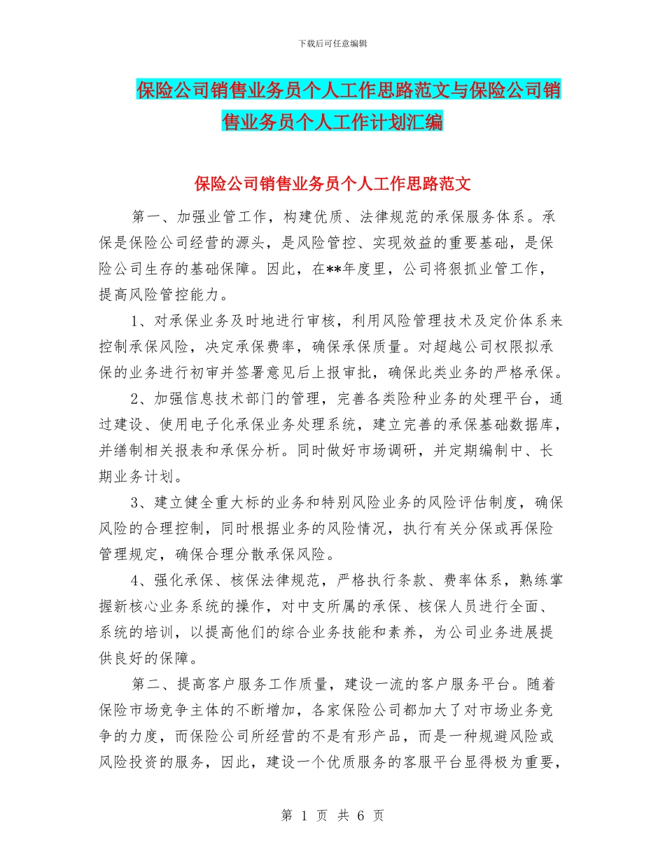 保险公司销售业务员个人工作思路范文与保险公司销售业务员个人工作计划汇编_第1页