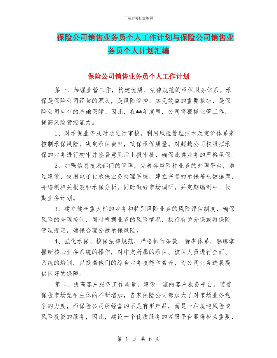 保险公司销售业务员个人工作计划与保险公司销售业务员个人计划汇编_第1页