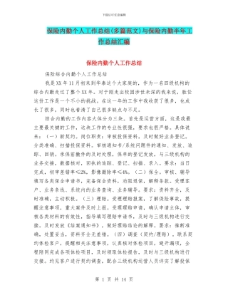 保险内勤个人工作总结与保险内勤半年工作总结汇编