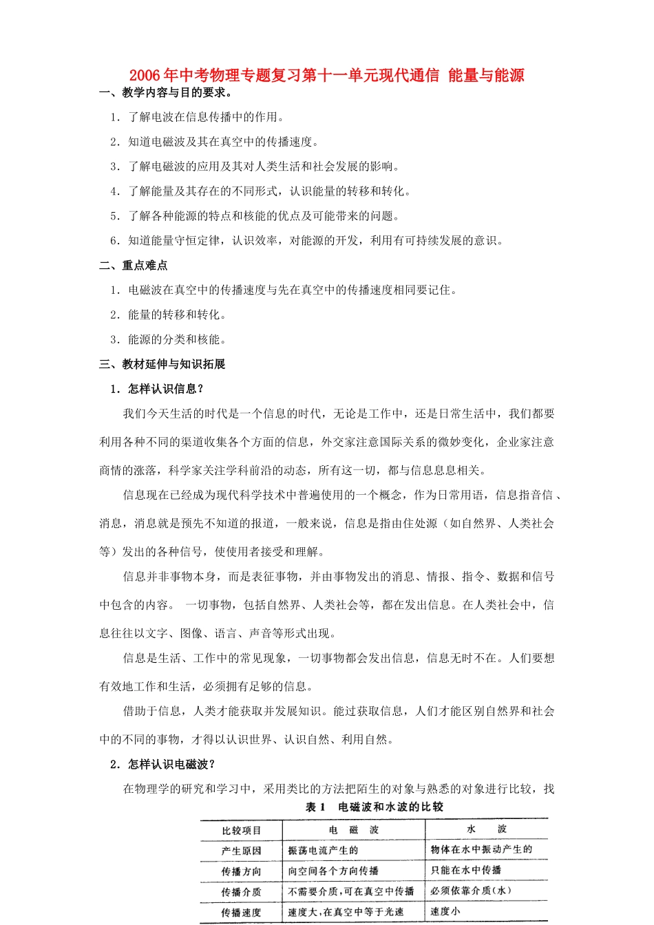 中考物理专题复习第十一单元现代通信 能量与能源试卷_第1页