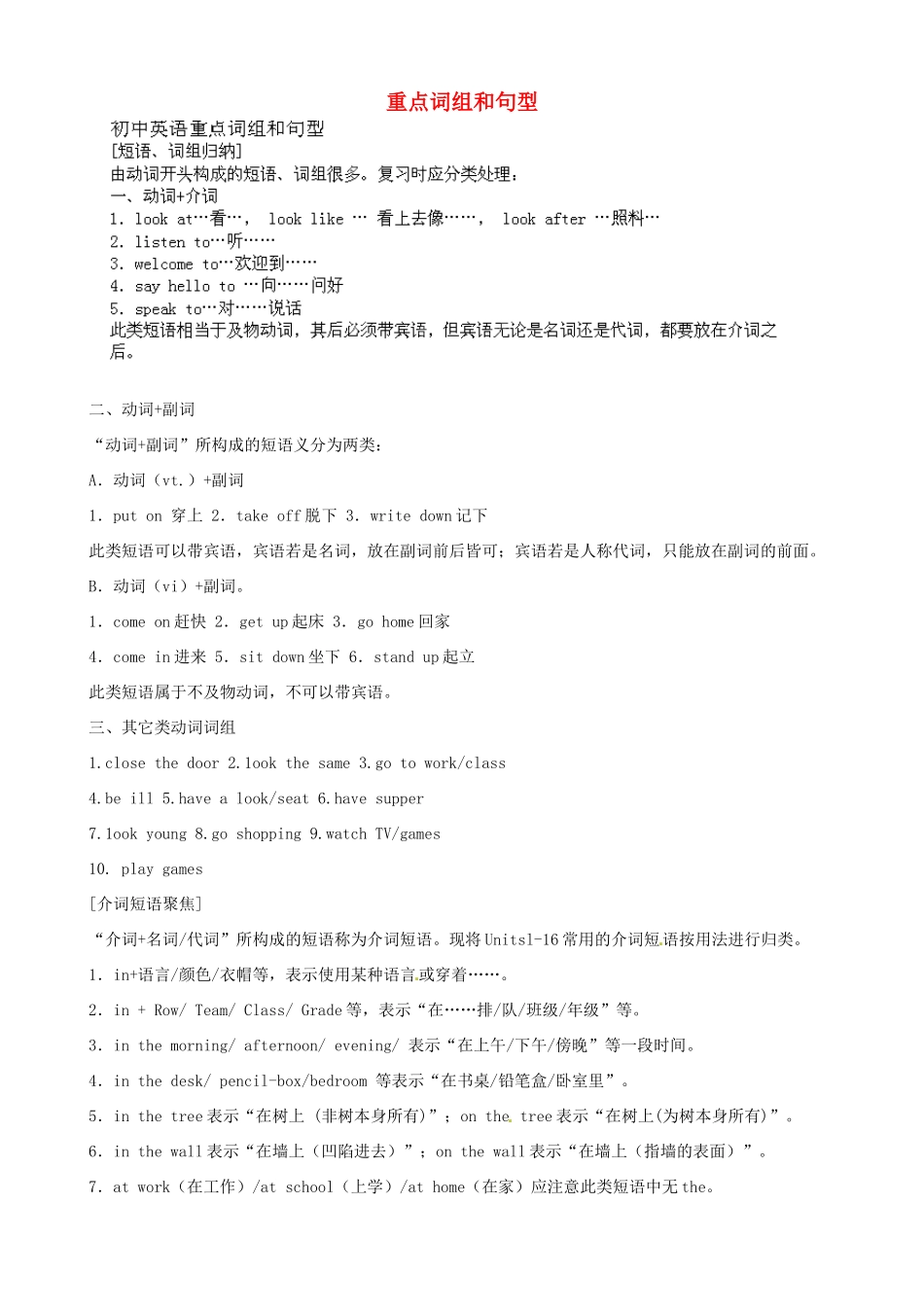 初中英语语法复习 重点词组和句型 试题_第1页