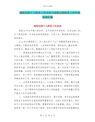 保险出纳个人财务工作总结与保险出纳财务工作年终总结汇编