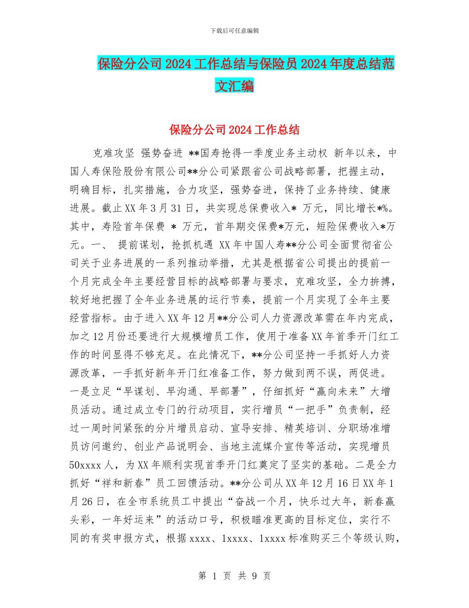 保险分公司2024工作总结与保险员2024年度总结范文汇编_第1页