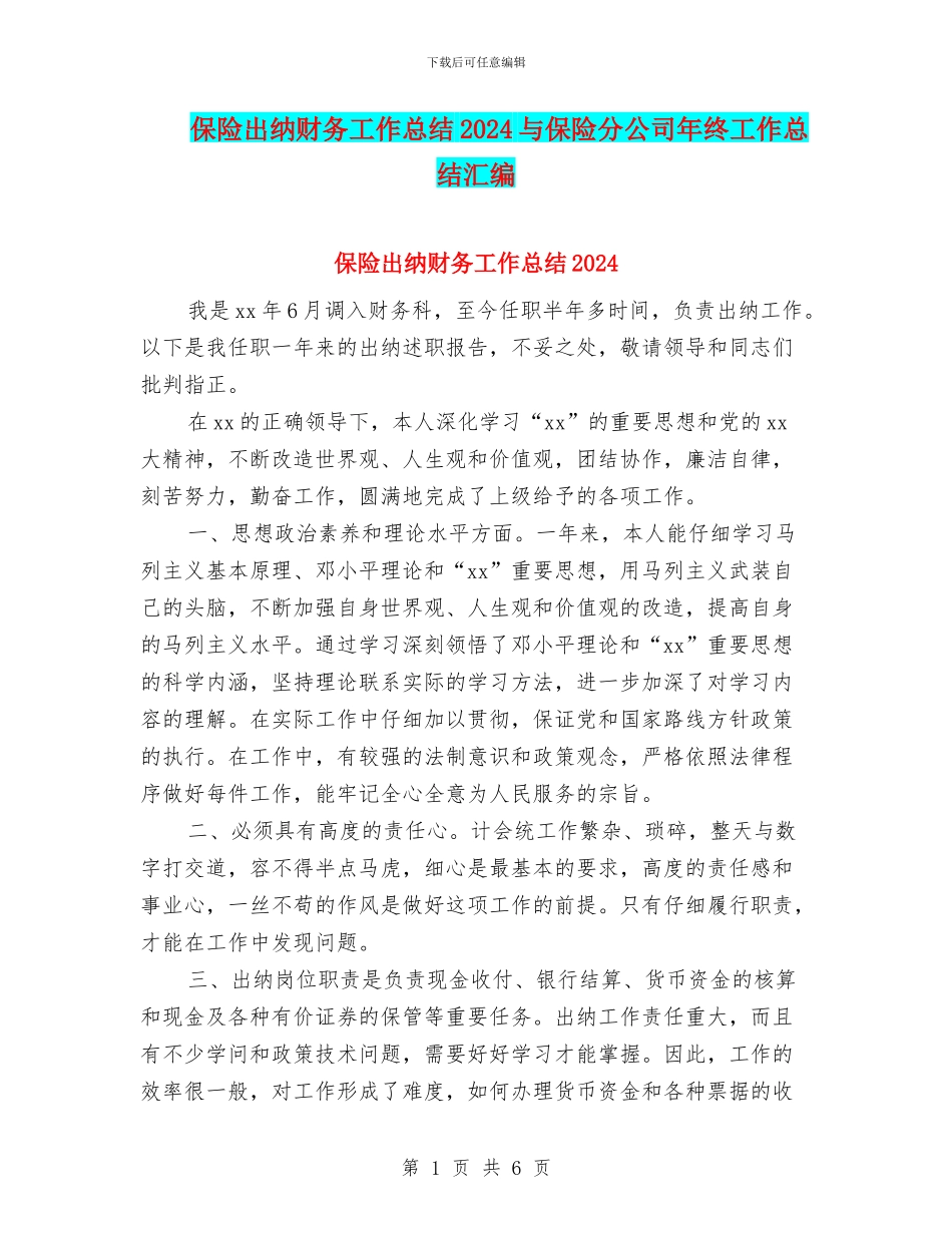 保险出纳财务工作总结2024与保险分公司年终工作总结汇编_第1页