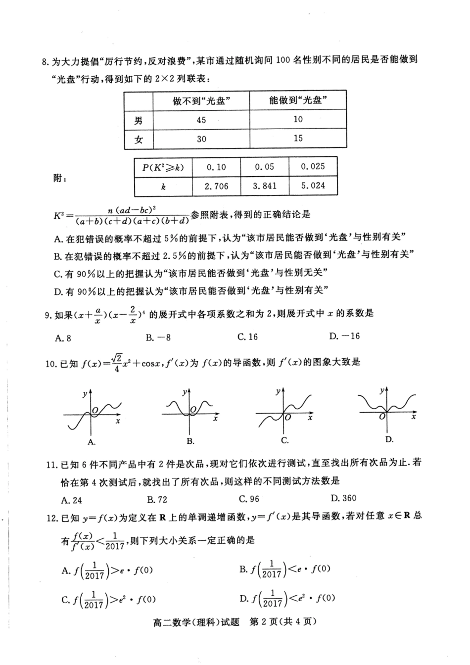 山东省德州市 高二数学下学期期末考试试卷 理(PDF)试卷_第2页