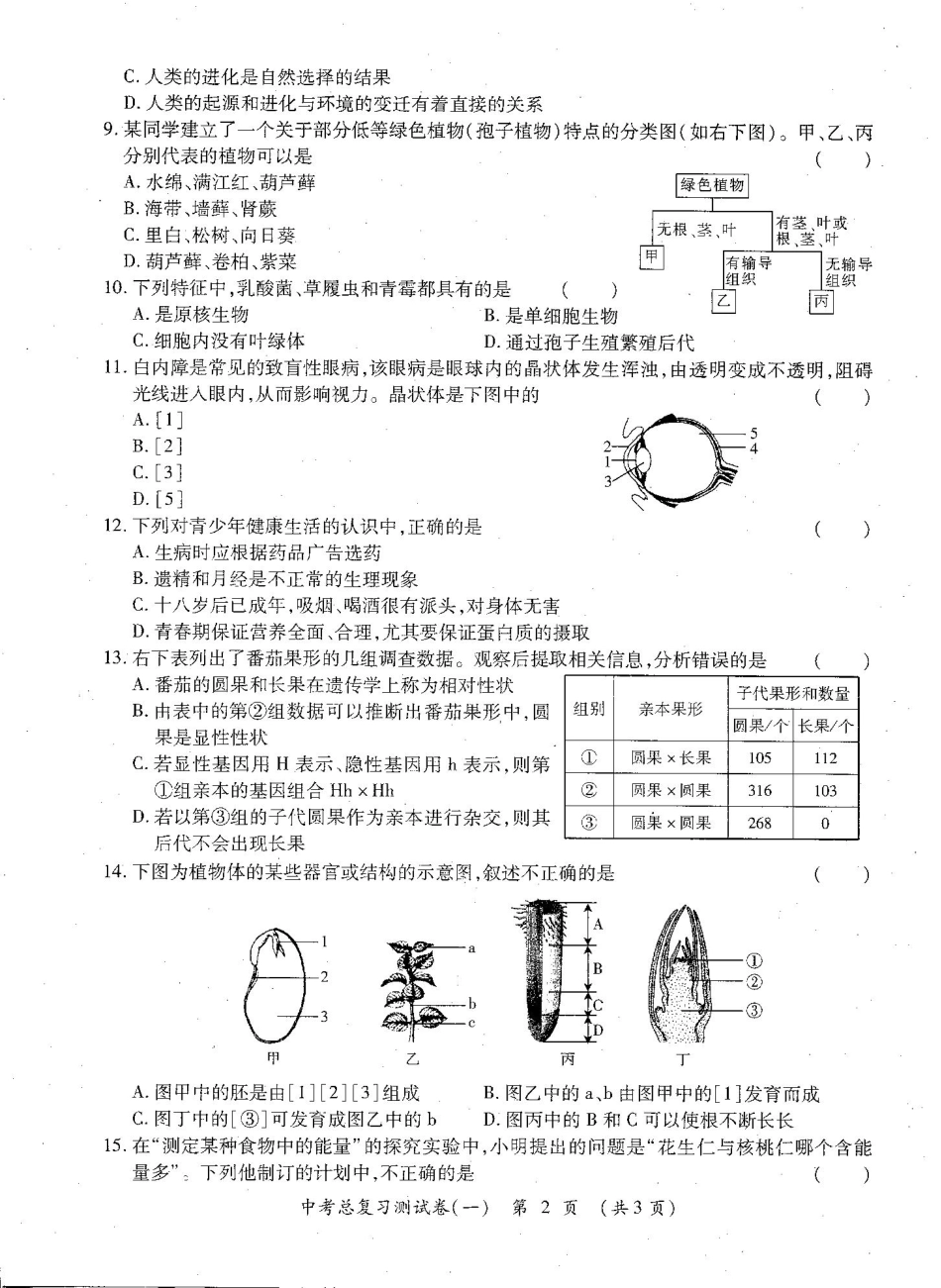 中考生物总复习测试卷(一)(pdf，无答案)试卷_第3页