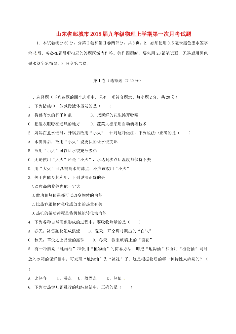 山东省邹城市九年级物理上学期第一次月考试卷 新人教版试卷_第1页