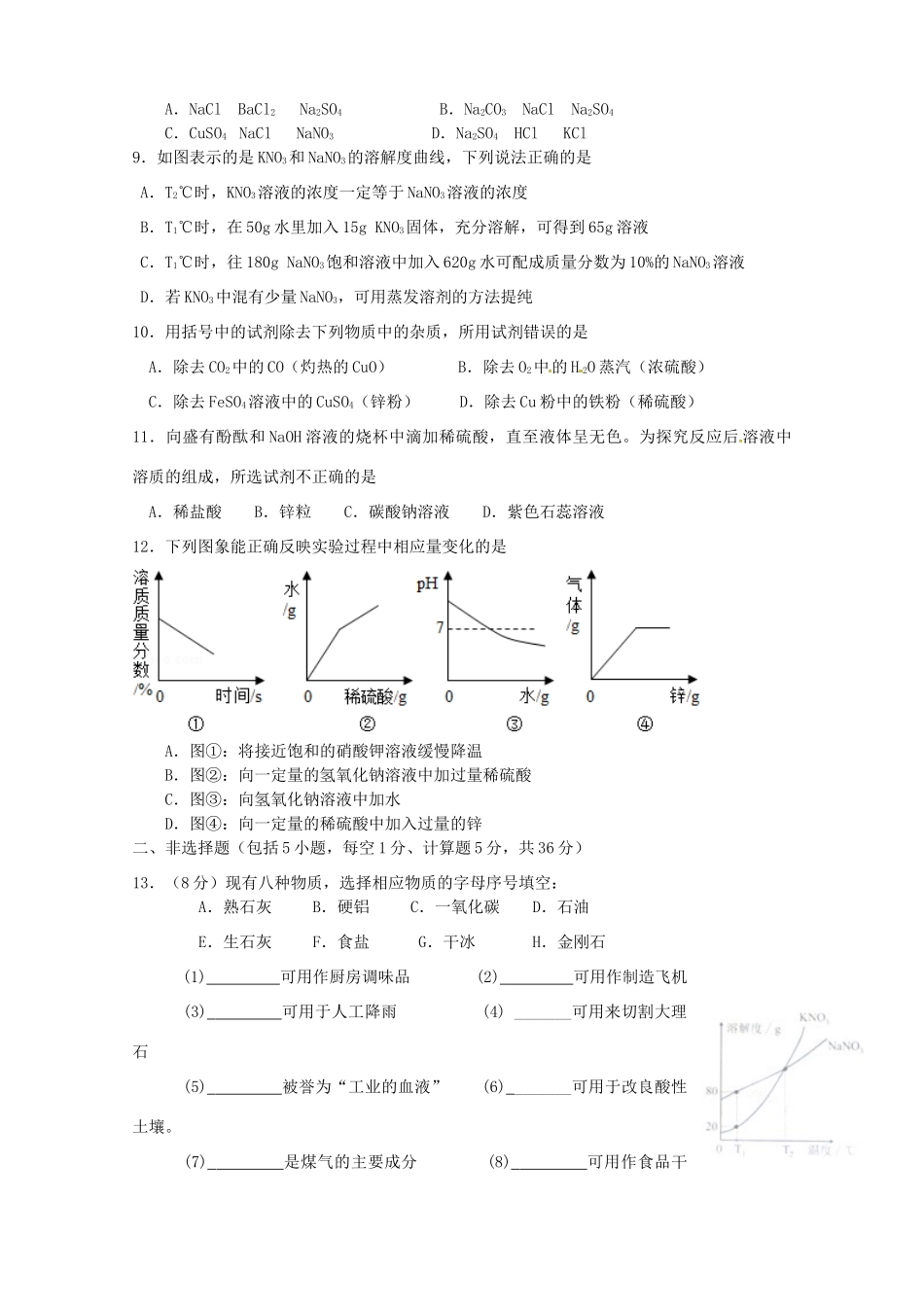 九年级化学下学期第一次月考试卷(实验班，无答案) 新人教版试卷_第2页