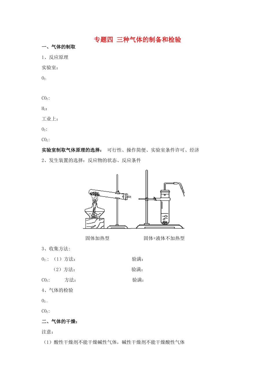 初中化学专题复习 专题四 三种气体的制备和检验(无答案) 鲁教版 试题_第1页