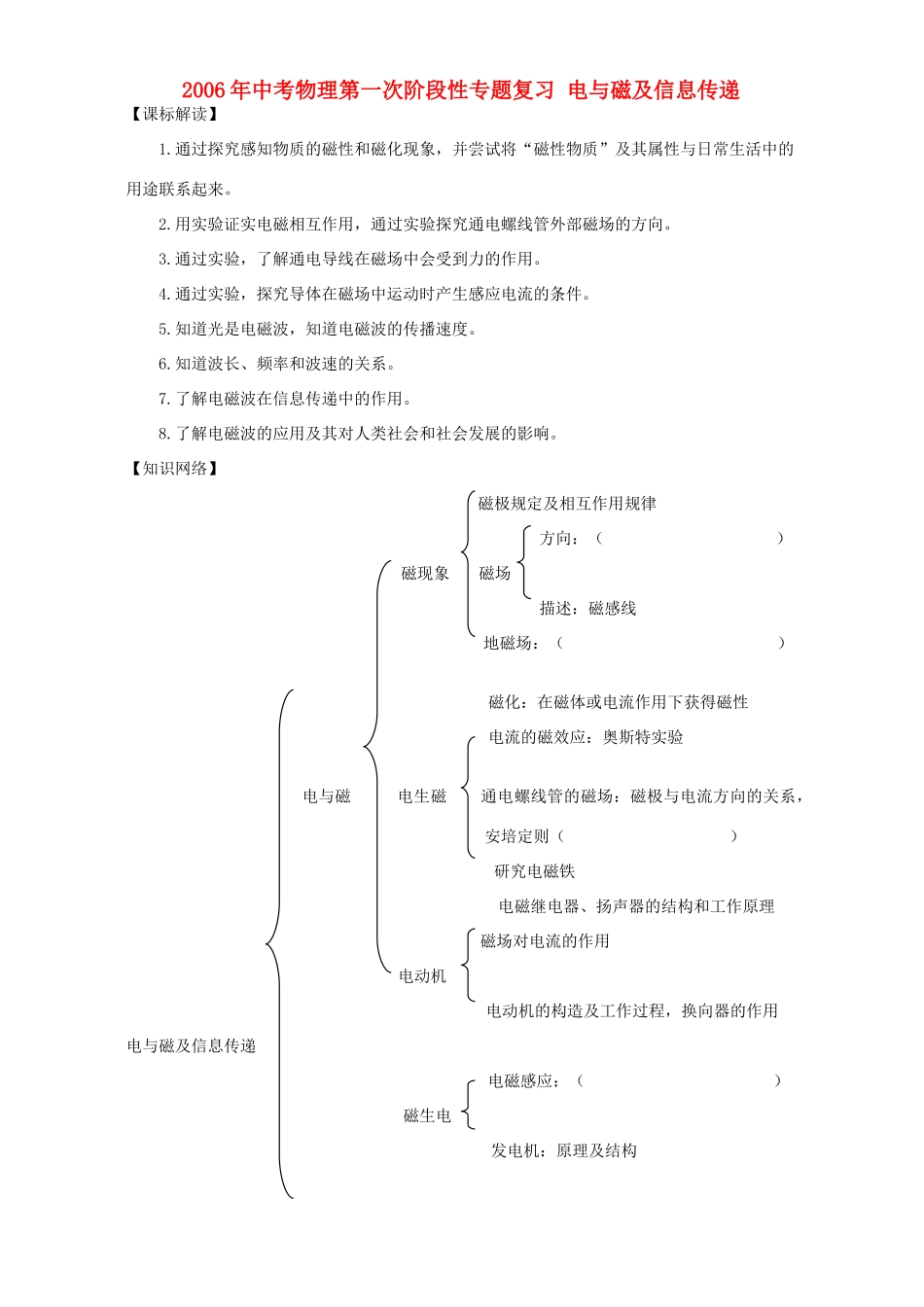 中考物理第一次阶段性专题复习 电与磁及信息传递 新课标 人教版试卷_第1页