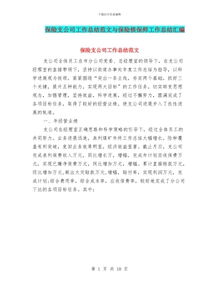 保险支公司工作总结范文与保险核保师工作总结汇编