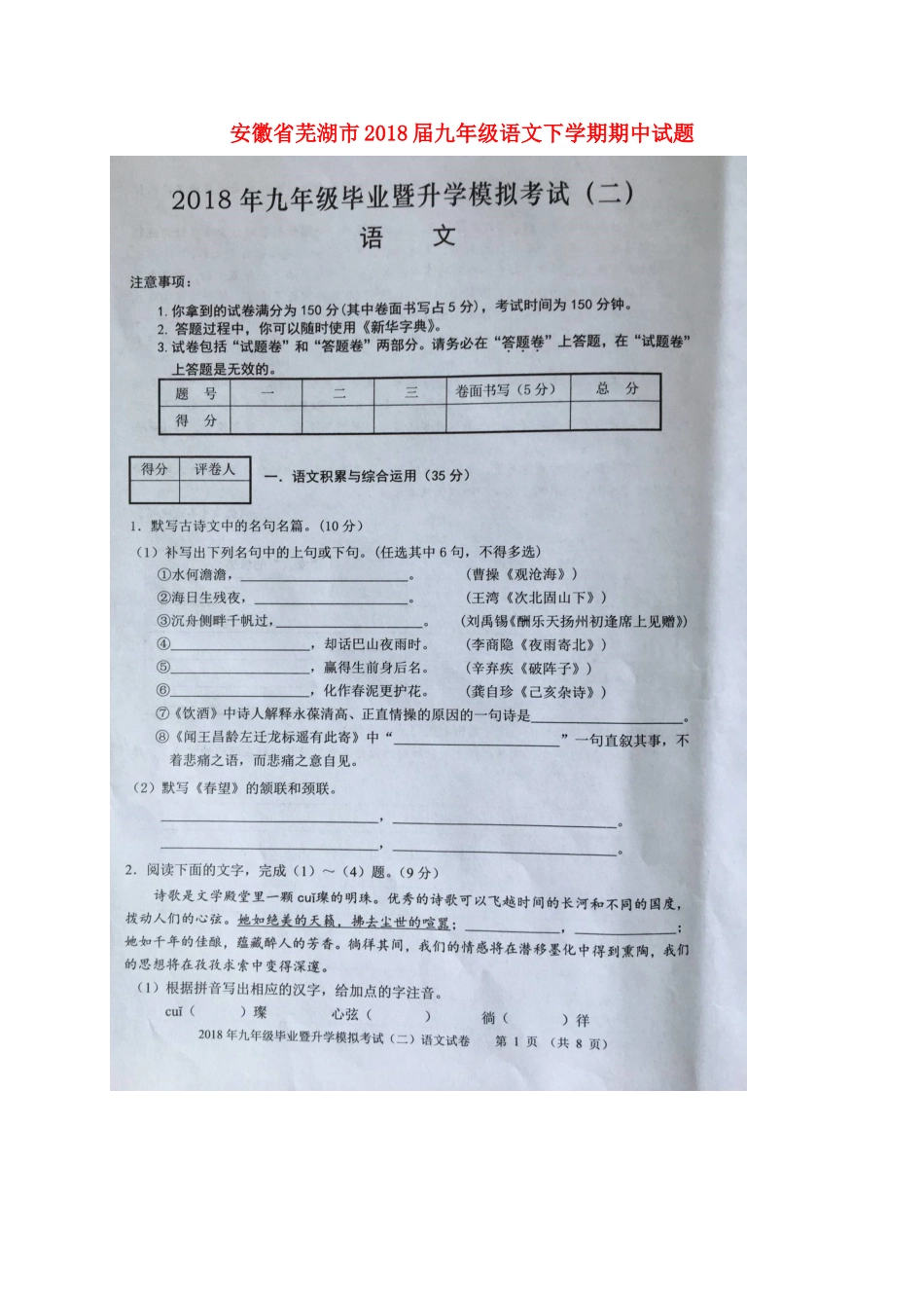 安徽省芜湖市九年级语文下学期期中试卷新人教版试卷_第1页