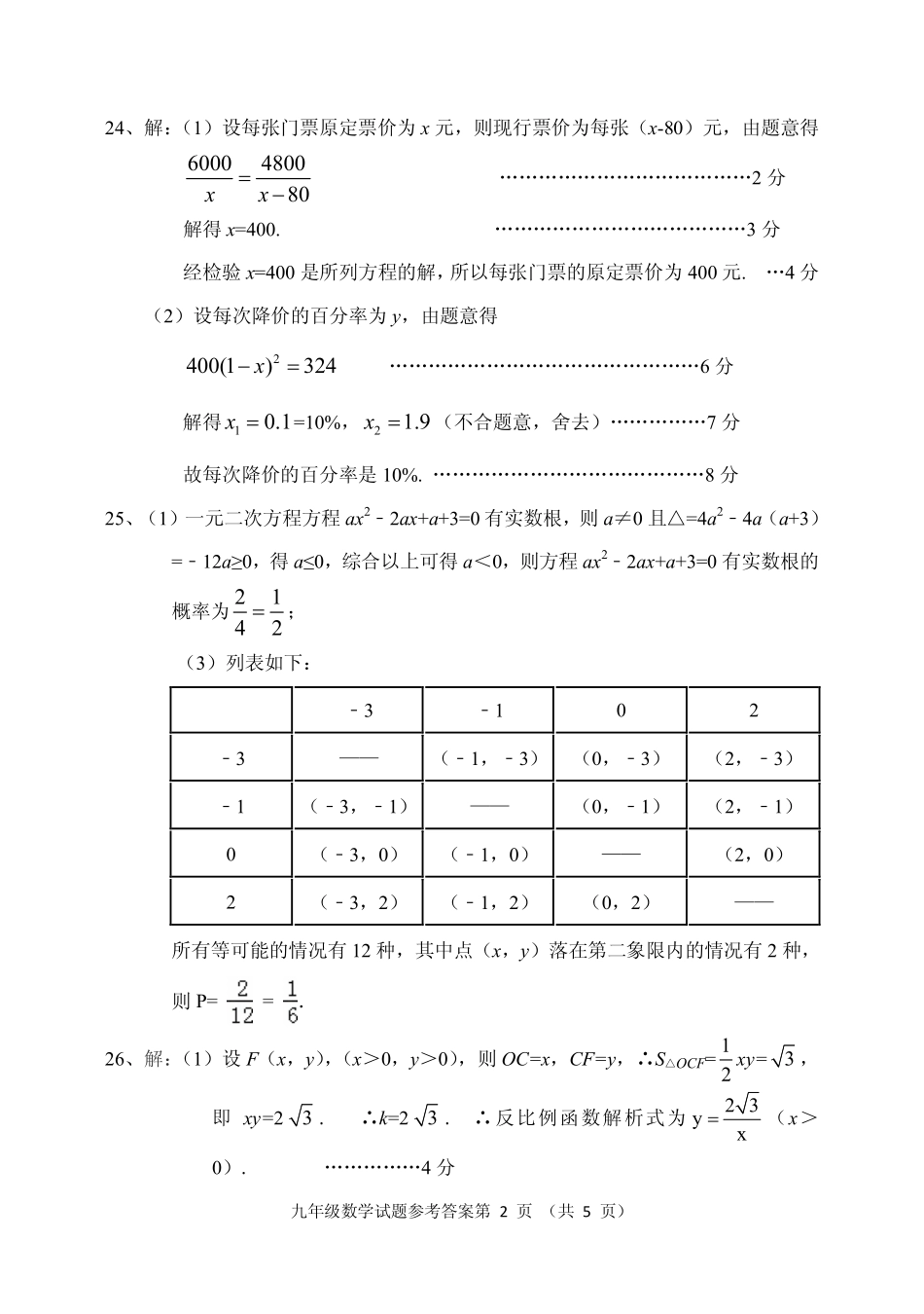 九年级数学上学期期末考试试卷参考答案 山东省章丘市相公庄镇相公中学2016九年级数学上学期期末考试试卷(pdf)_第2页