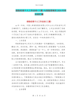 保险经理个人工作总结与保险营销员2024年终总结汇编