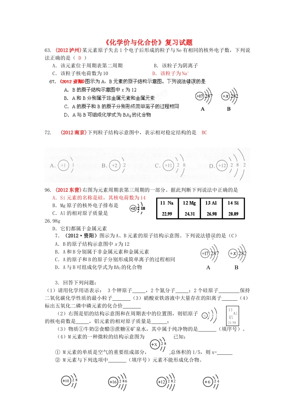 九年级化学(化学价与化合价)复习试卷试卷_第1页