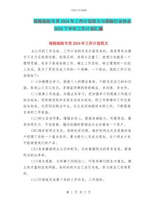 保险综拓专员2024年工作计划范文与保险行业协会2024下半年工作计划汇编