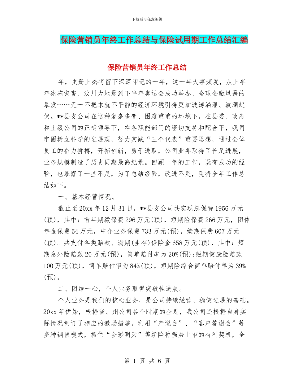 保险营销员年终工作总结与保险试用期工作总结汇编_第1页
