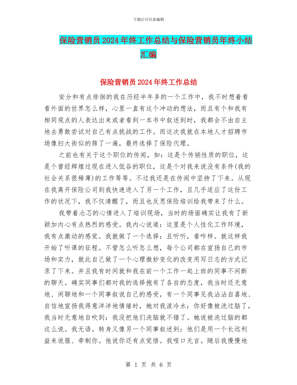 保险营销员2024年终工作总结与保险营销员年终小结汇编_第1页