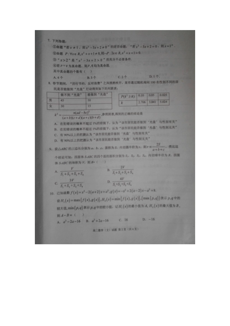 山东省临沭县高二数学下学期期中教学质量抽测试卷 文试卷_第2页