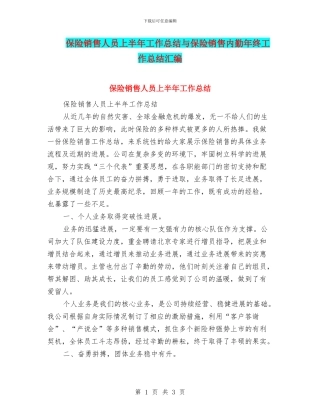 保险销售人员上半年工作总结与保险销售内勤年终工作总结汇编