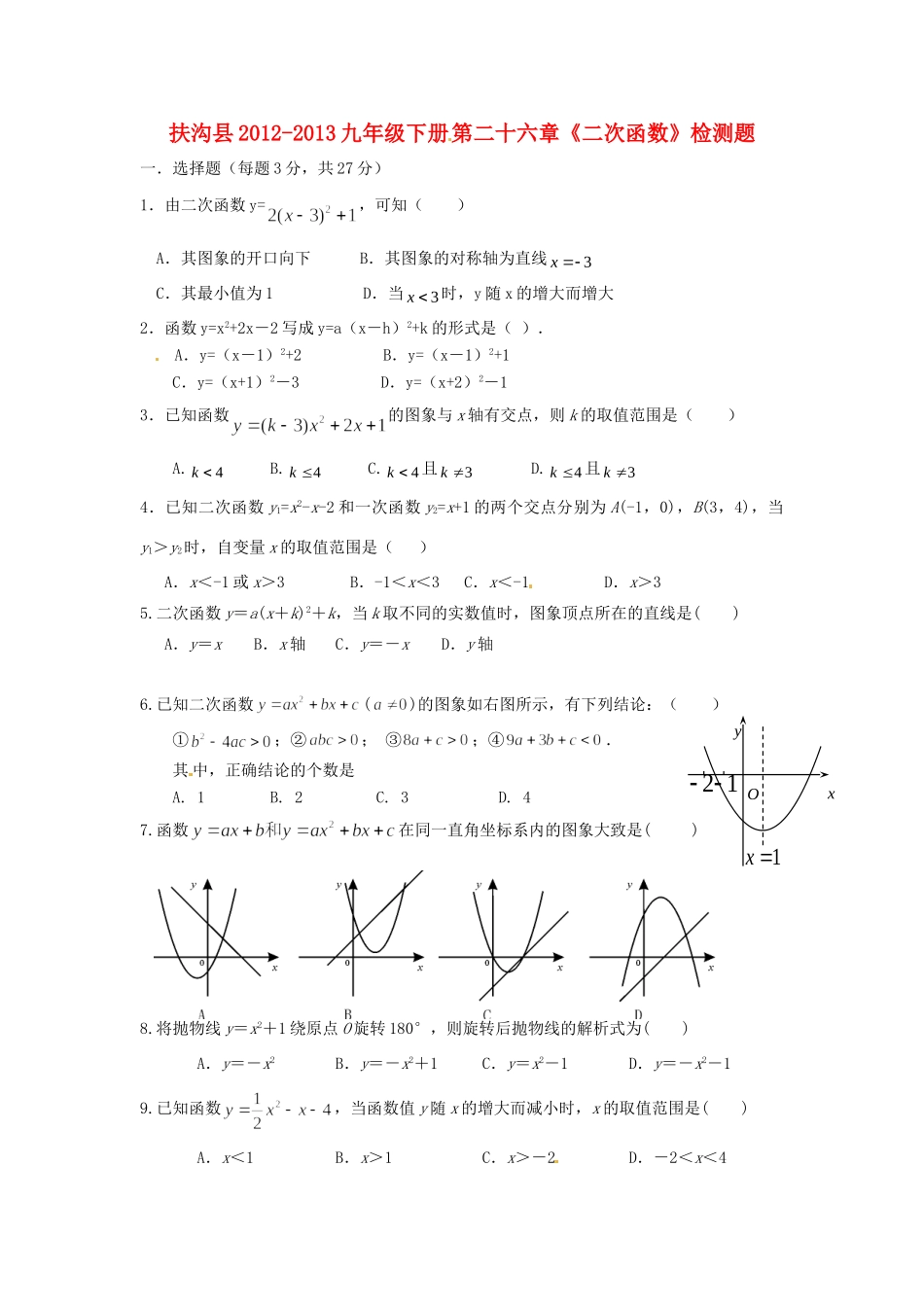 九年级数学下册 第二十六章(二次函数)检测题 新人教版试卷_第1页