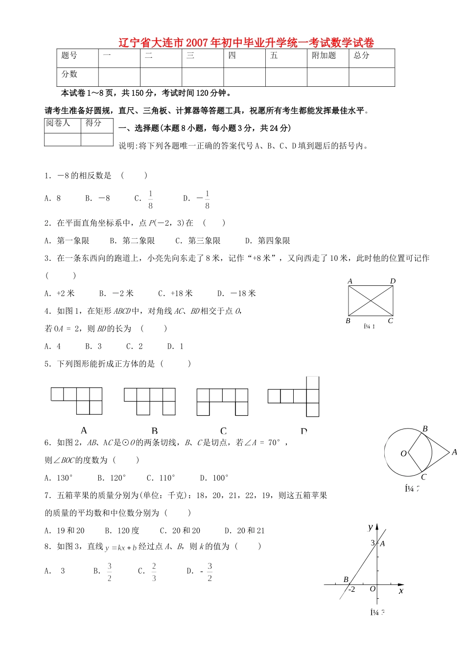 初中毕业升学统一考试数学试卷无答案 试题_第1页
