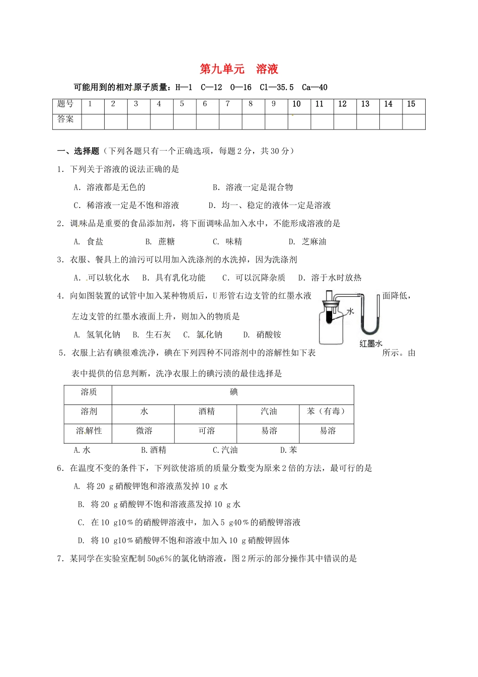 九年级化学下册 第九单元 溶液测试卷(新版)新人教版试卷_第1页