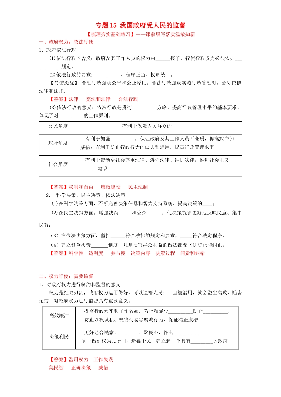 （讲练测）高考政治一轮复习 专题15 我国政府受人民的监督（练）（含解析）新人教版必修2-新人教版高三必修2政治试题_第1页