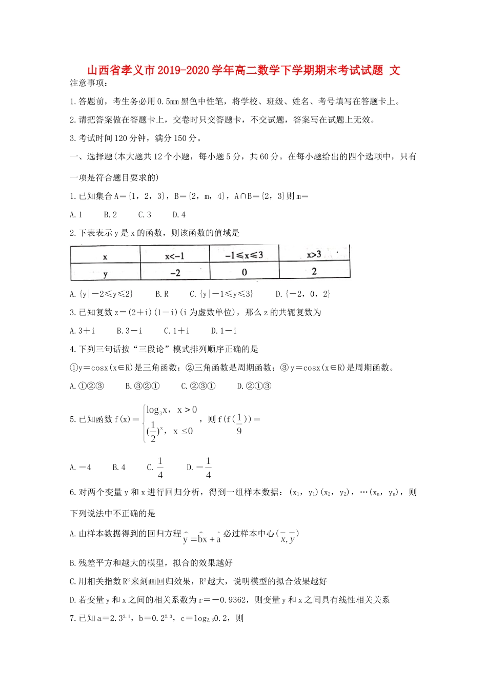 山西省孝义市 高二数学下学期期末考试试卷 文试卷_第1页
