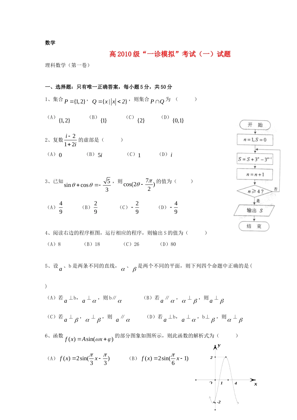 四川省高三数学一诊模拟考试卷 理试卷_第1页