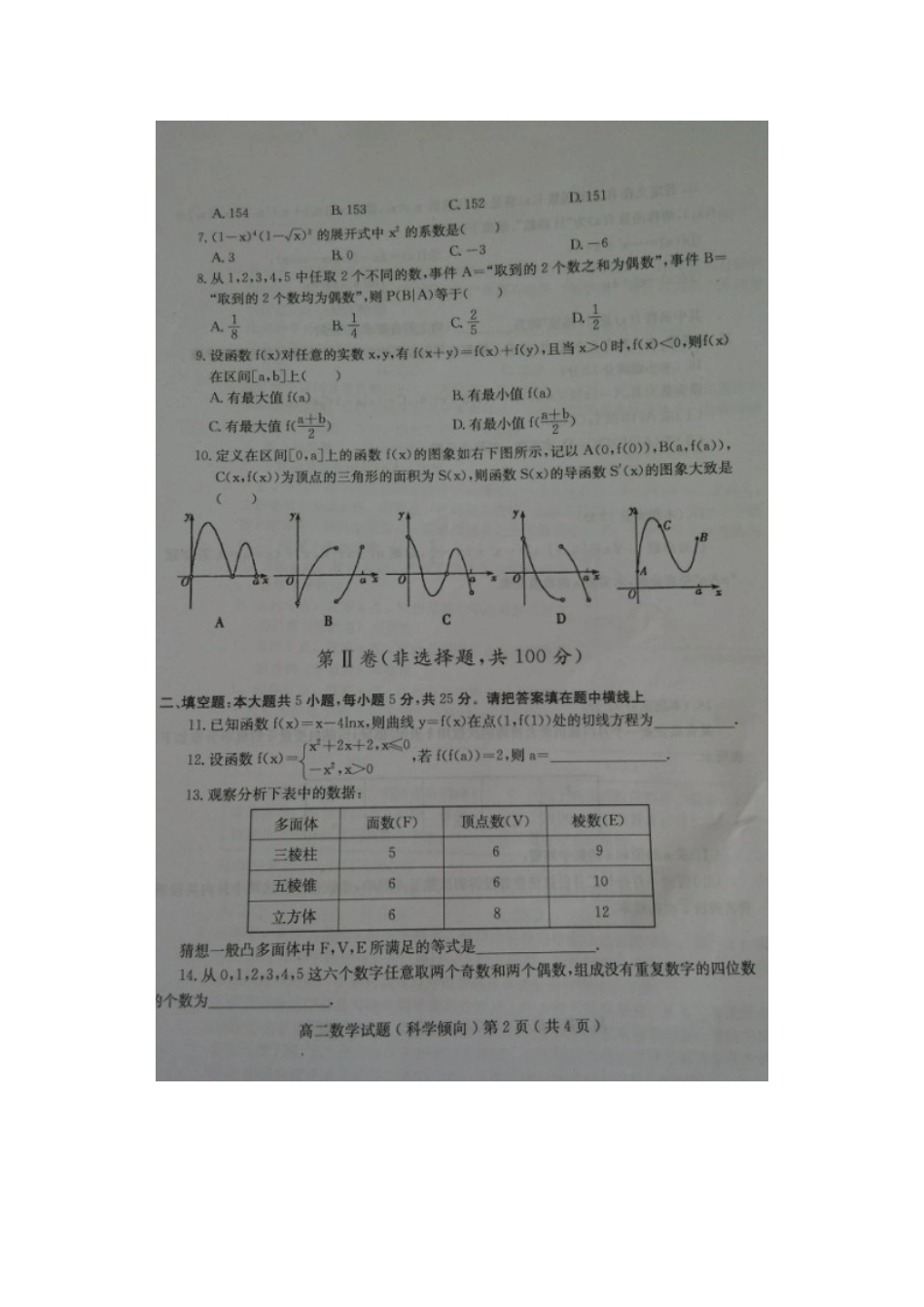 山东省诸城市四县 高二数学下学期期末考试试卷 理试卷_第2页
