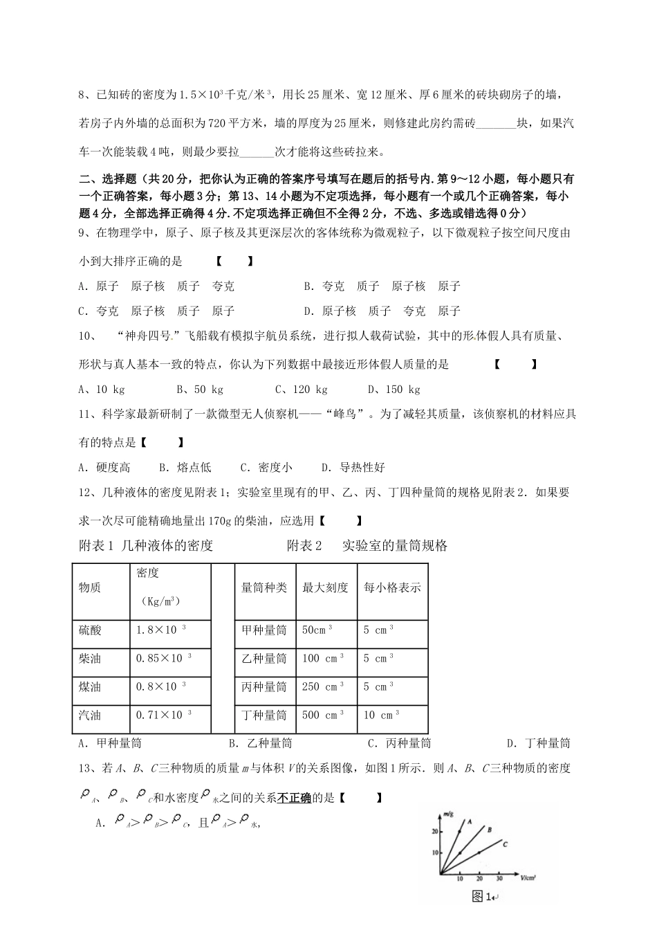 九年级物理 第11章(多彩的物质世界)单元检测题 人教新课标版试卷_第2页