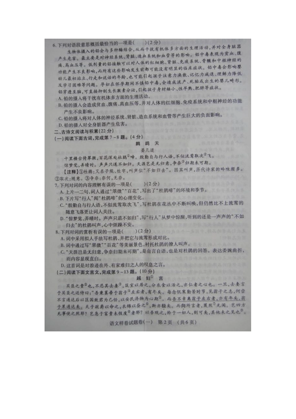 中考语文招生样卷试卷(一)试卷_第2页