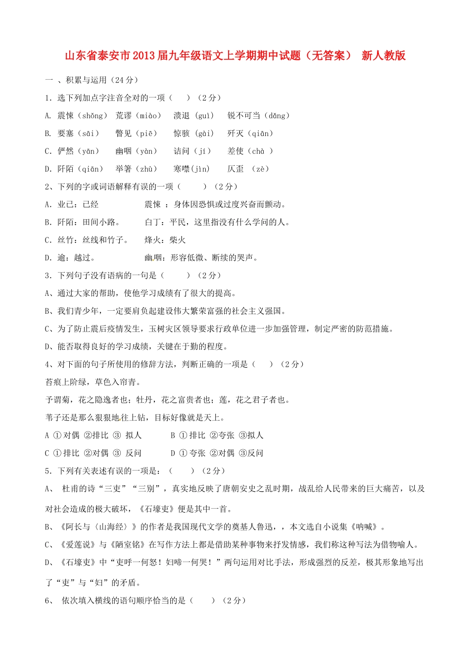 山东省泰安市九年级语文上学期期中试卷 新人教版试卷_第1页