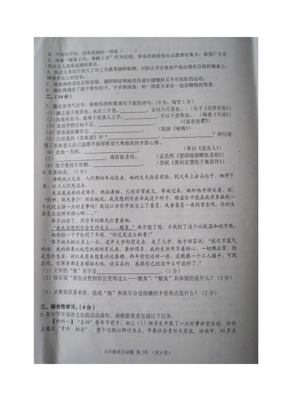 山东省高密市 八年级语文下学期期末试卷新人教版试卷_第2页