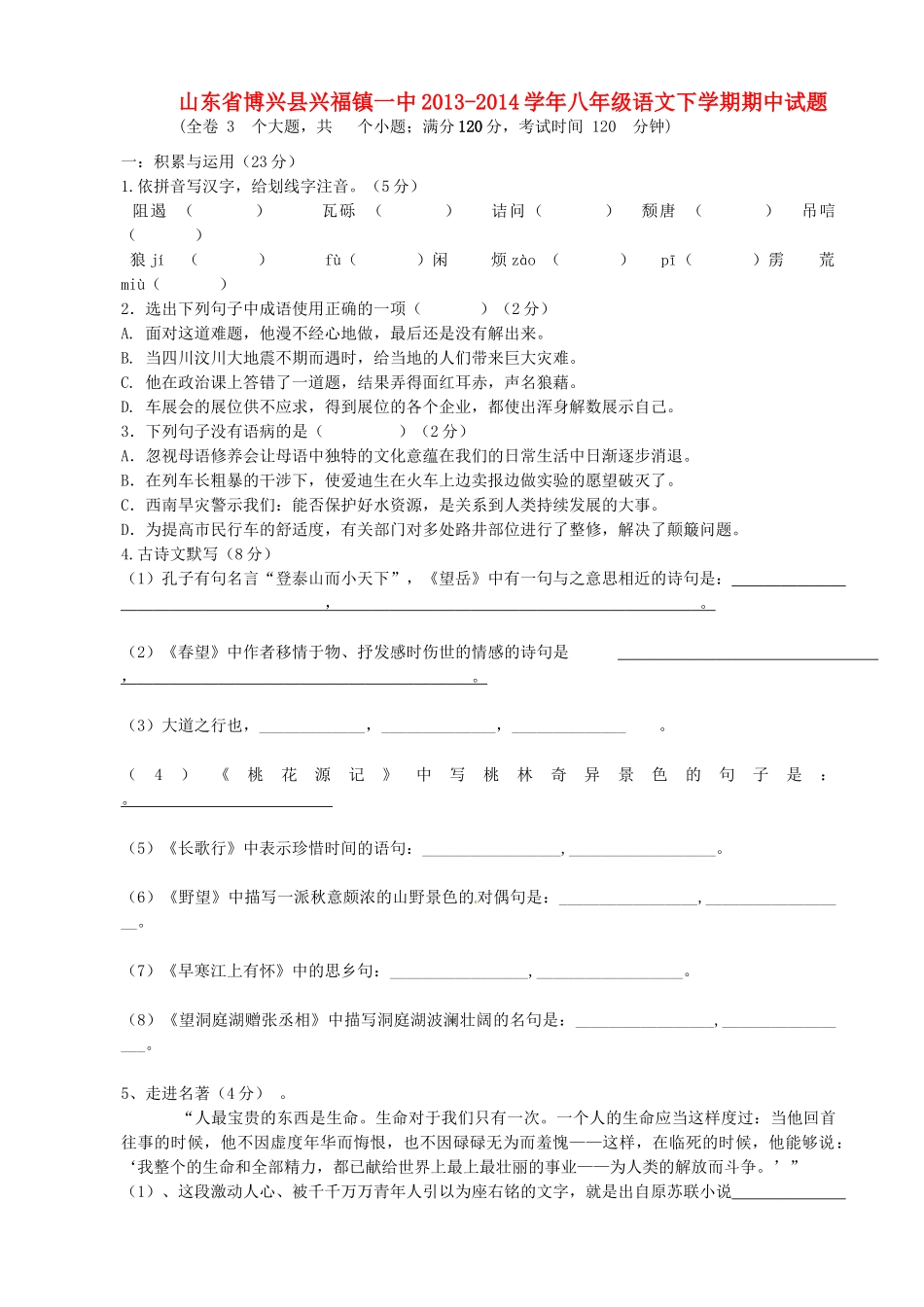 山东省博兴县兴福镇一中八年级语文下学期期中试卷 新人教版试卷_第1页