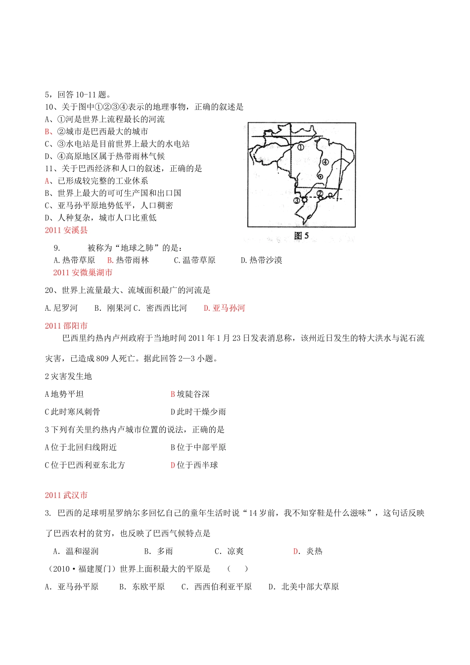 九年级下册 第三章走近国家 第六节巴西 湘教版试卷_第2页