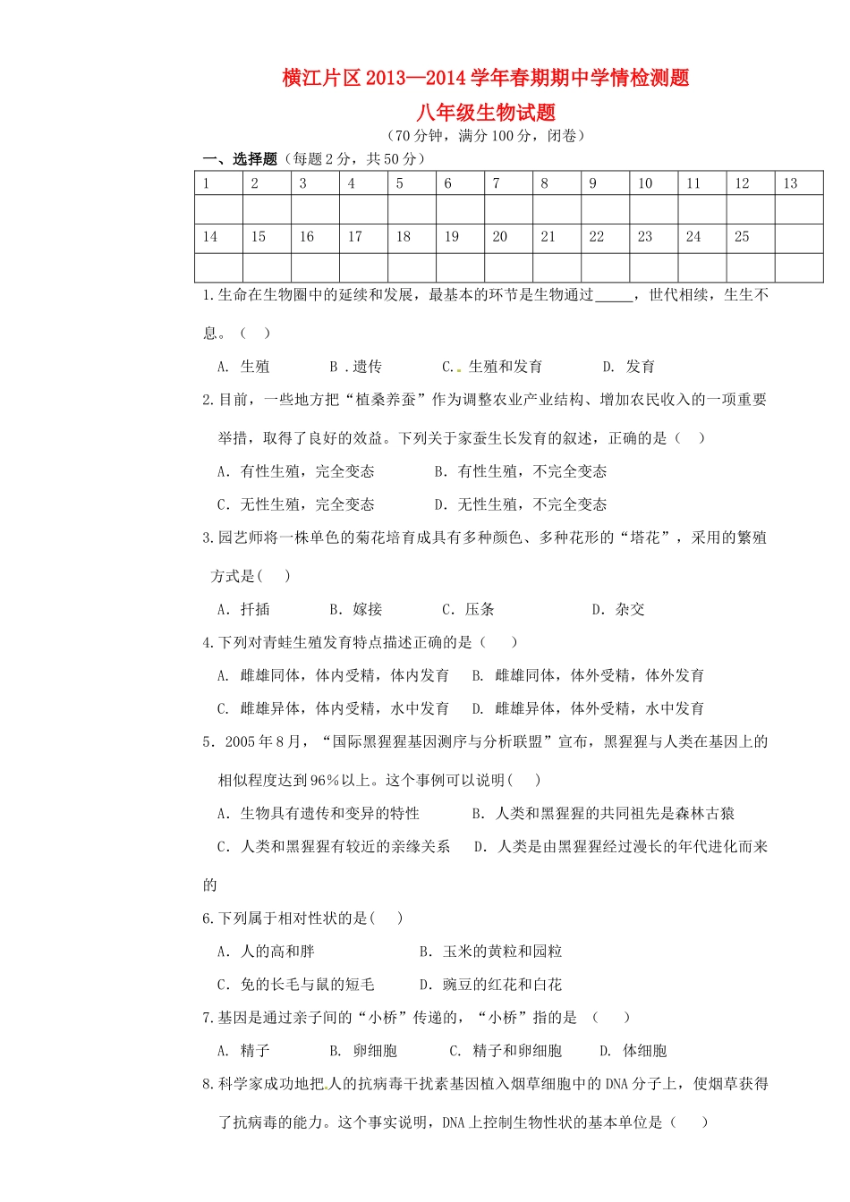 四川省宜宾县横江片区八年级生物下学期学情测试期中试卷_第1页