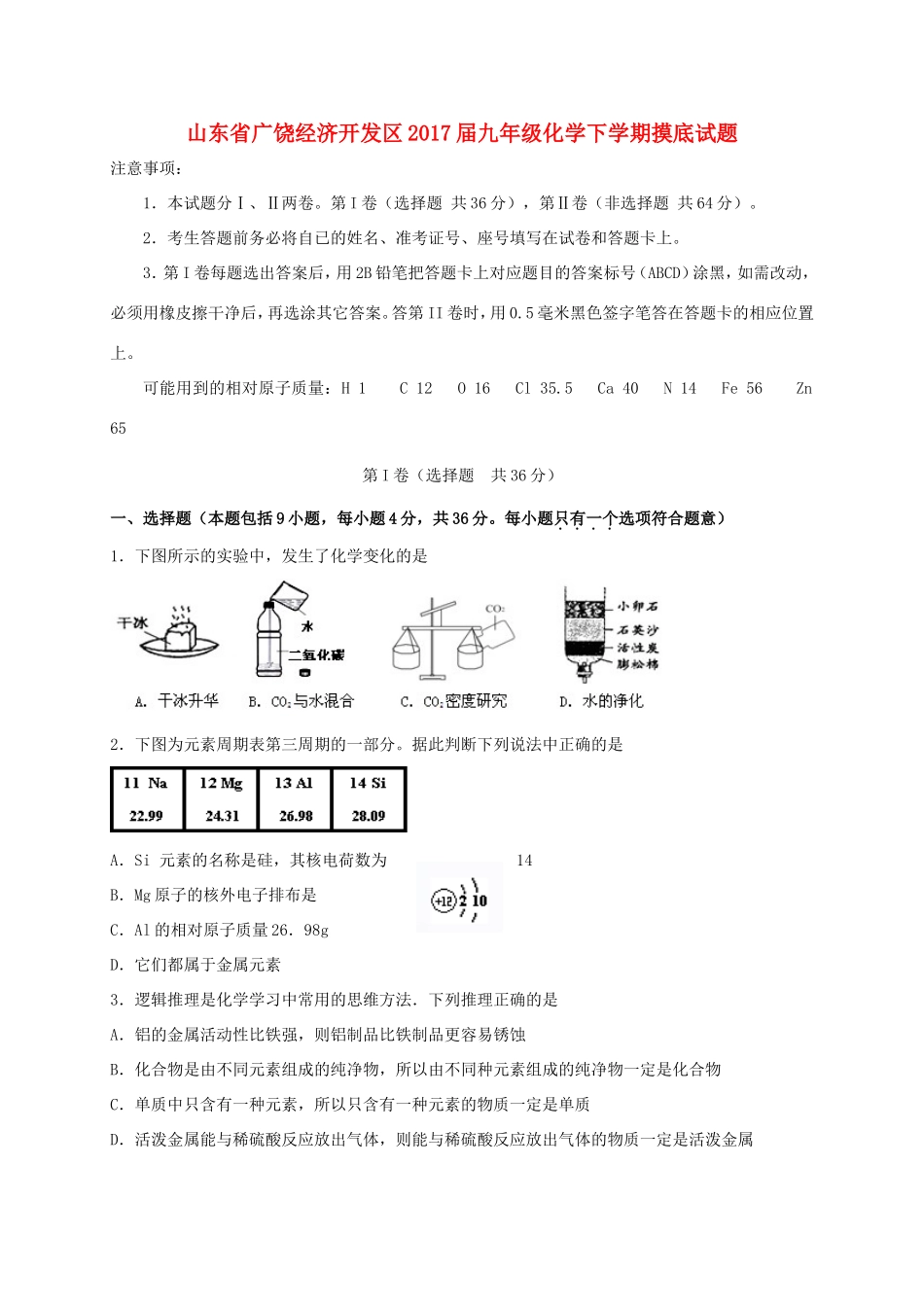 九年级化学下学期摸底试卷试卷_第1页