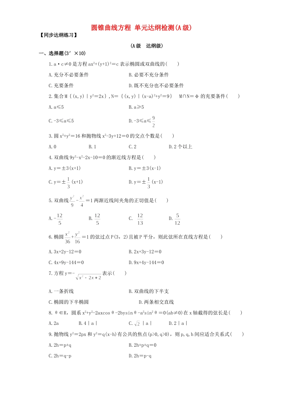 圆锥曲线方程 单元达纲检测(A级)人教试验修订本试卷_第1页
