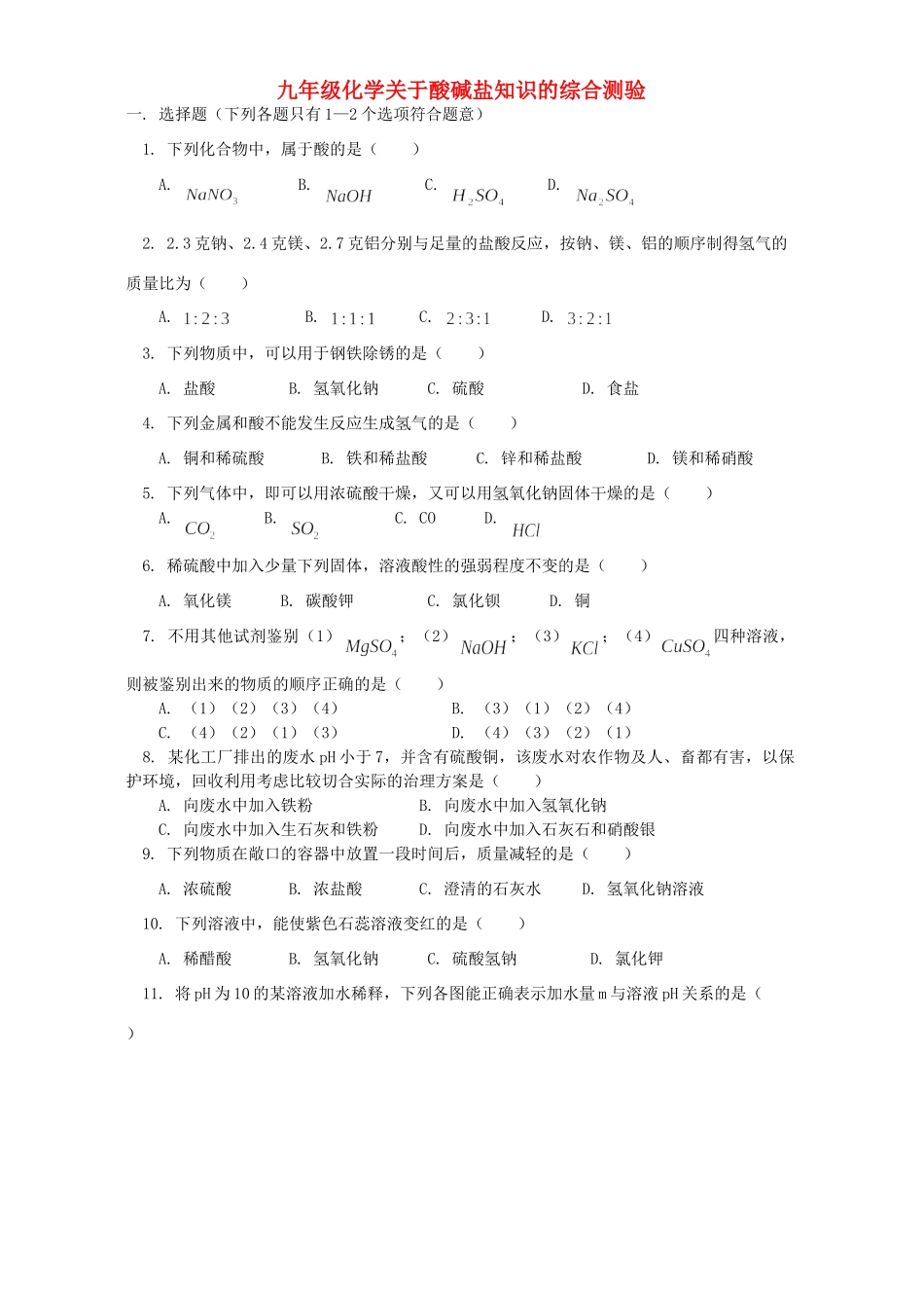 九年级化学关于酸碱盐知识的综合测验 天津版试卷_第1页