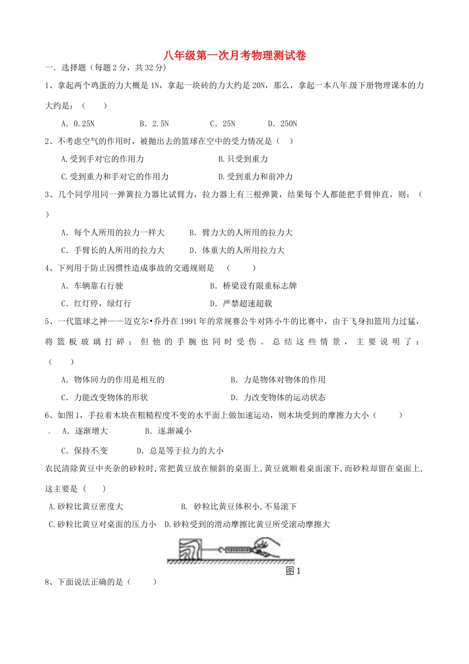 内蒙古赤峰市克什克腾旗萃英学校八年级物理下学期第一次月考试题(无答案) 新人教版 试题_第1页
