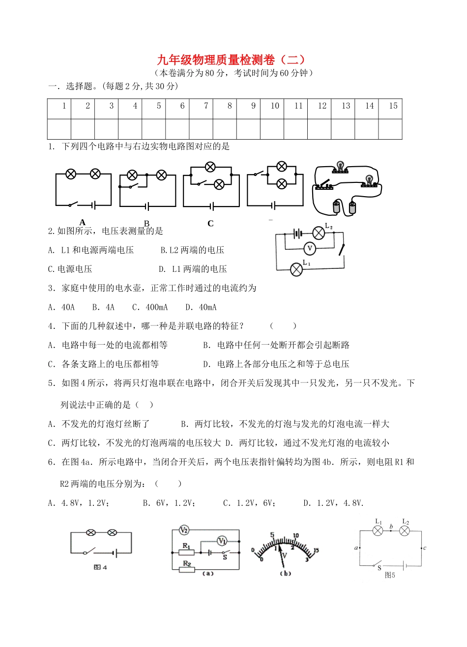 九年级物理 质量检测卷(二) 沪科版试卷_第1页