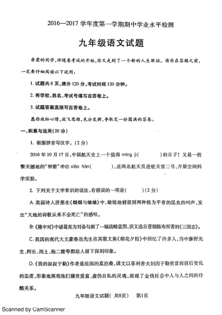 山东省聊城市莘县九年级语文上学期期中试卷(pdf) 新人教版试卷
