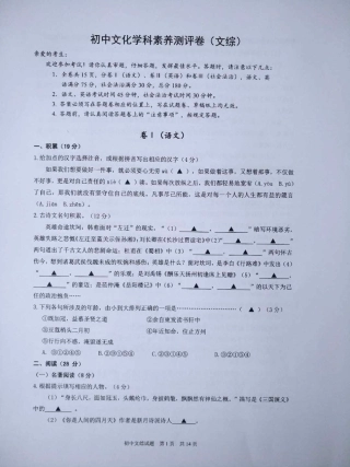 初中语文文化学科素养测评卷(pdf) 试题