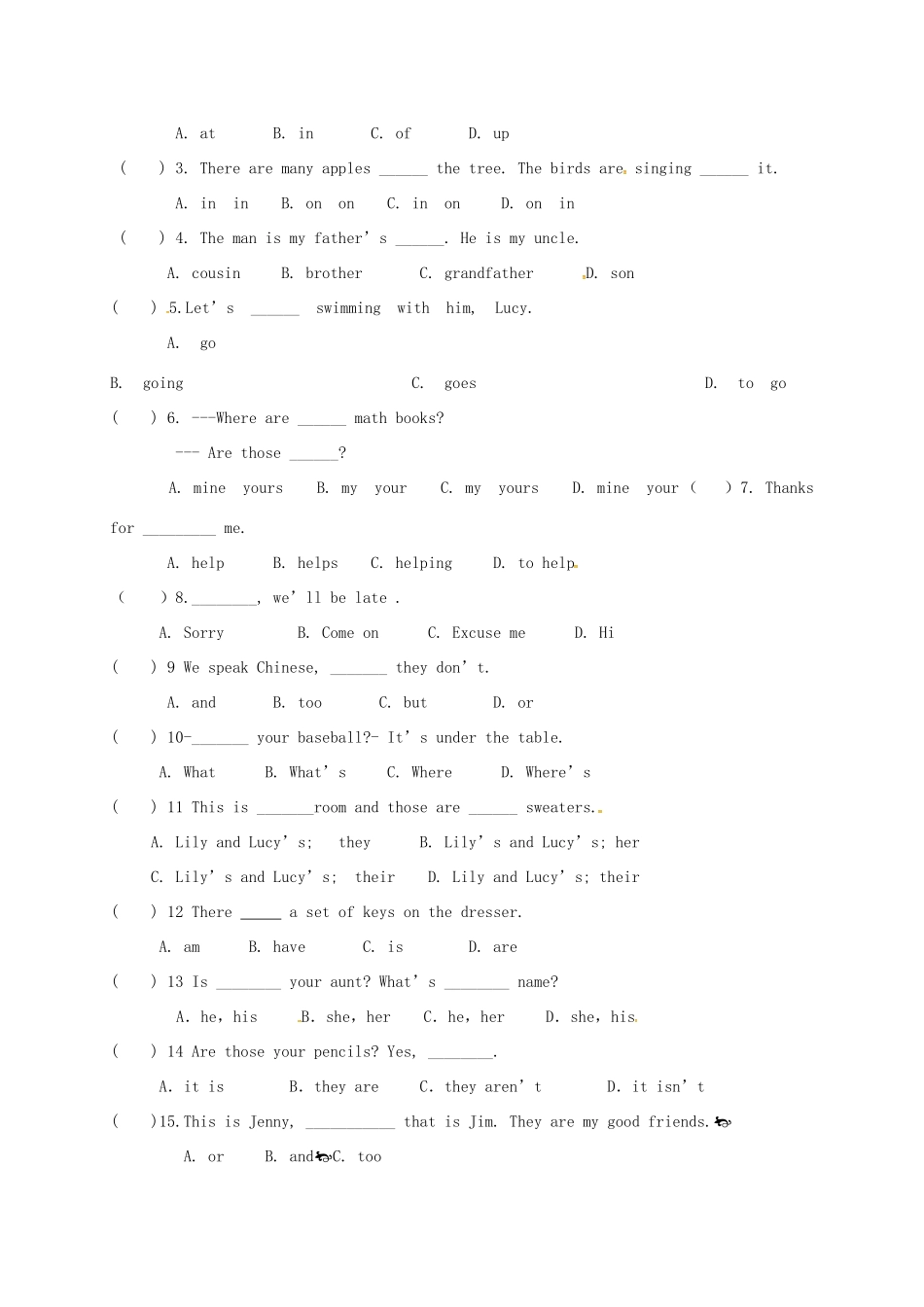中考英语 七上 Unit 3 4单元综合测试卷试卷_第2页