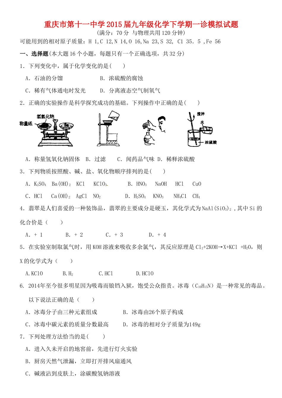 九年级化学下学期一诊模拟试卷试卷_第1页